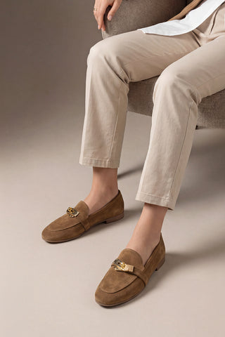 Kadın Loafer Hakiki Deri Tokalı Günlük Ayakkabı Nador - Camel Süet