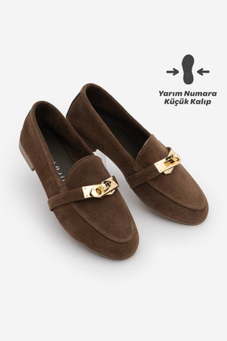 Kadın Loafer Hakiki Deri Tokalı Günlük Ayakkabı Nador - Kahve Süet