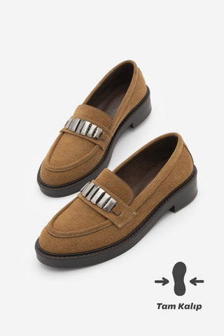 Kadın Loafer Tokalı Günlük Ayakkabı Vilyum - Taba Süet