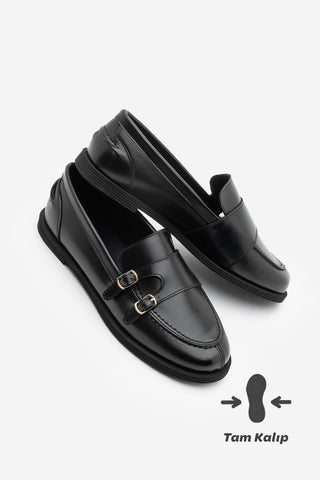 Kadın Loafer Tokalı Çift Bantlı Günlük Ayakkabı Ovora - Siyah