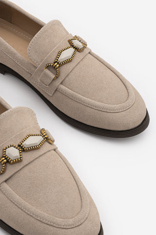 Kadın Loafer Taşlı Günlük Ayakkabı Savira - Bej Süet
