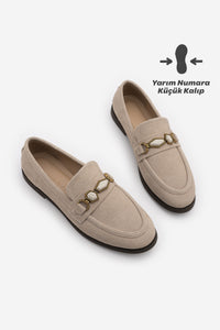 Kadın Loafer Taşlı Günlük Ayakkabı Savira - Bej Süet