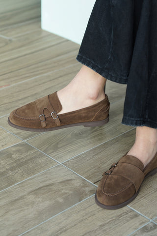 Kadın Loafer Tokalı Çift Bantlı Günlük Ayakkabı Ovora - Kahve Süet