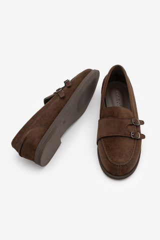 Kadın Loafer Tokalı Çift Bantlı Günlük Ayakkabı Ovora - Kahve Süet