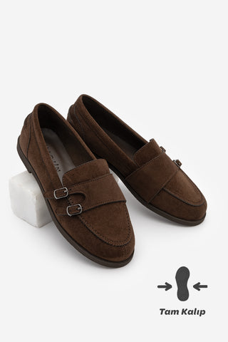 Kadın Loafer Tokalı Çift Bantlı Günlük Ayakkabı Ovora - Kahve Süet