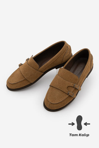 Kadın Loafer Tokalı Çift Bantlı Günlük Ayakkabı Ovora - Taba Süet