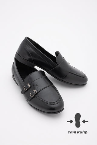 Kadın Loafer Tokalı Çift Bantlı Günlük Ayakkabı Ovora - Siyah