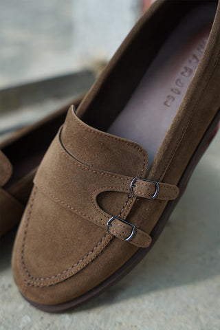 Kadın Loafer Tokalı Çift Bantlı Günlük Ayakkabı Ovora - Kahve Süet
