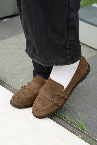 Kadın Loafer Tokalı Çift Bantlı Günlük Ayakkabı Ovora - Taba Süet
