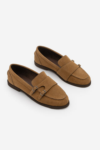 Kadın Loafer Tokalı Çift Bantlı Günlük Ayakkabı Ovora - Taba Süet