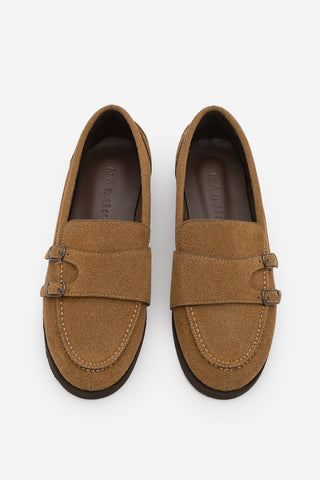 Kadın Loafer Tokalı Çift Bantlı Günlük Ayakkabı Ovora - Taba Süet