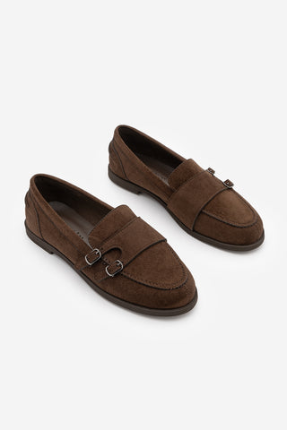 Kadın Loafer Tokalı Çift Bantlı Günlük Ayakkabı Ovora - Kahve Süet