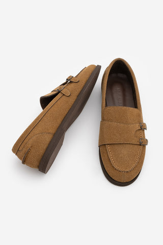 Kadın Loafer Tokalı Çift Bantlı Günlük Ayakkabı Ovora - Taba Süet