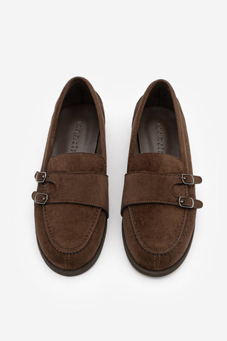 Kadın Loafer Tokalı Çift Bantlı Günlük Ayakkabı Ovora - Kahve Süet
