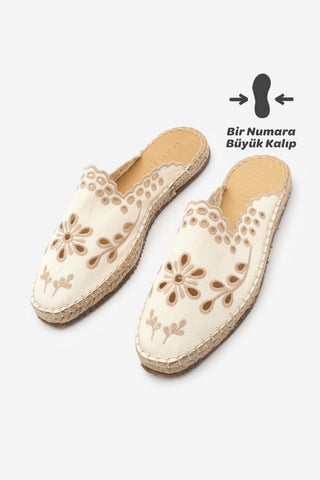 Kadın Nakışlı Jüt Espadril Terlik Talune - Ekru Keten
