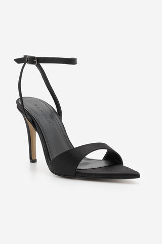 Kadın Sivri Burun Bantlı İnce Topuklu Sandalet Lokes - Siyah Saten