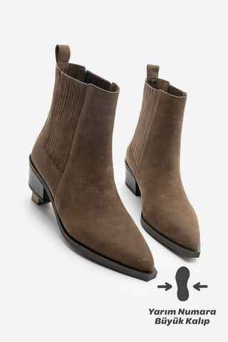 Kadın Sivri Burun Günlük Topuklu Bot Losya - Kahve Süet