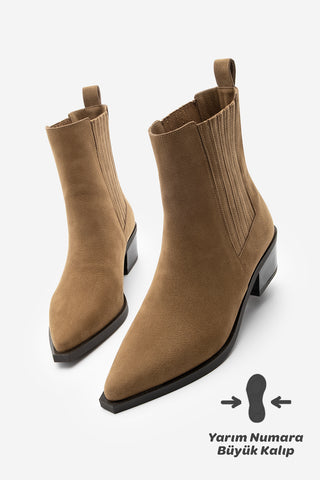 Kadın Sivri Burun Günlük Topuklu Bot Losya - Taba Süet