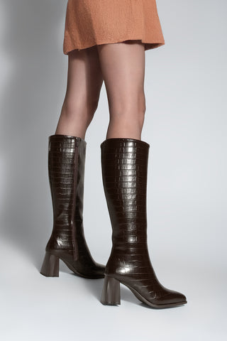 Kadın Sivri Burun Topuklu Çizme Alenta - Kahve Croco