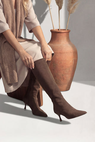 Kadın Sivri Burun Topuklu Çizme Lavisa - Kahve Süet