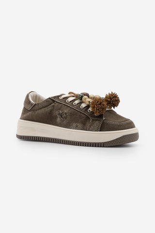 Kadın Sneaker Denim Çıkarılabilir Boncuklu Tokalı Spor Ayakkabı Porento - Kahve Kot