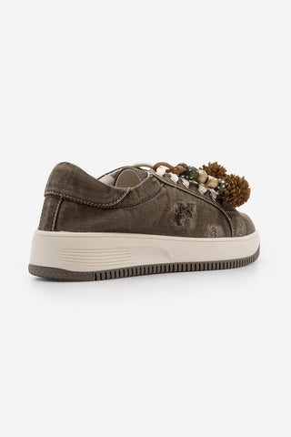 Kadın Sneaker Denim Çıkarılabilir Boncuklu Tokalı Spor Ayakkabı Porento - Kahve Kot