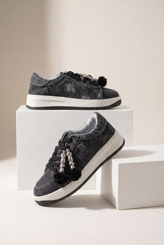 Kadın Sneaker Denim Çıkarılabilir Boncuklu Tokalı Spor Ayakkabı Porento - Siyah Kot