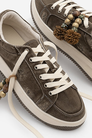Kadın Sneaker Denim Çıkarılabilir Boncuklu Tokalı Spor Ayakkabı Porento - Kahve Kot