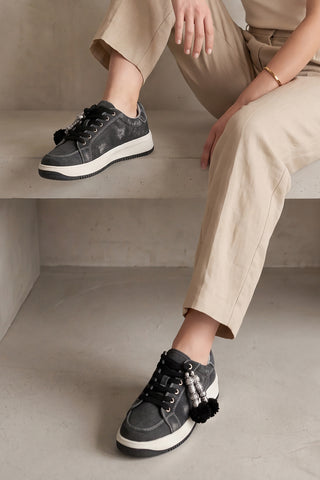 Kadın Sneaker Denim Çıkarılabilir Boncuklu Tokalı Spor Ayakkabı Porento - Siyah Kot