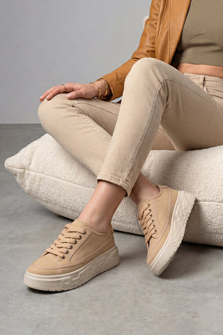 Kadın Sneaker Kalın Ultra Hafif Taban Spor Ayakkabı Ergu - Camel Keten