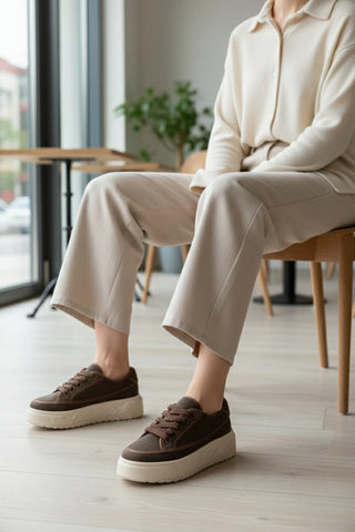 Kadın Sneaker Kalın Ultra Hafif Taban Spor Ayakkabı Ergu - Kahve Keten