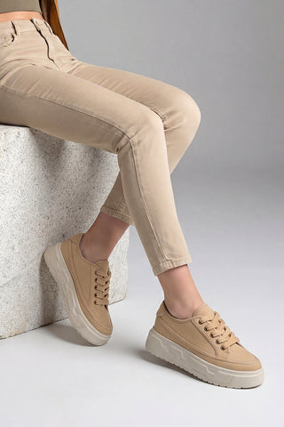 Kadın Sneaker Kalın Ultra Hafif Taban Spor Ayakkabı Ergu - Camel Keten