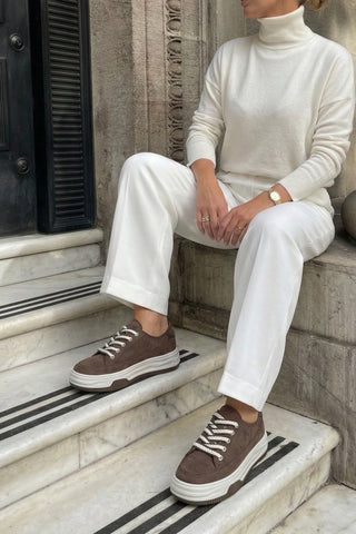 Kadın Sneaker Kalın Taban Spor Ayakkabı Kotnel - Kahve Süet
