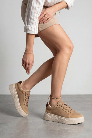 Kadın Sneaker Süet Kalın Ultra Hafif Taban Spor Ayakkabı Keten Noska - Camel