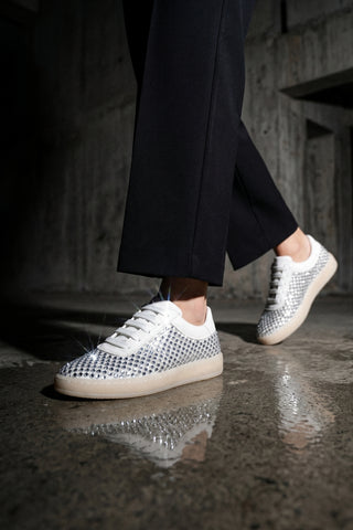 Kadın Sneaker Gümüş Taşlı Fileli Spor Ayakkabı Zenisa - Beyaz Taş