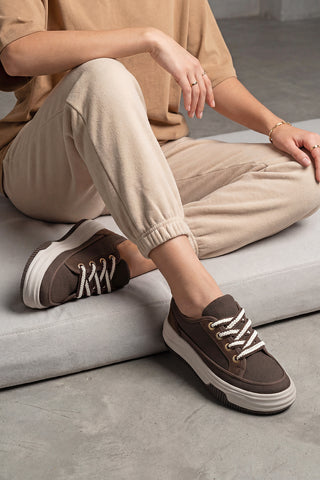 Kadın Sneaker Kalın Taban Spor Ayakkabı Hesna - Kahve Keten