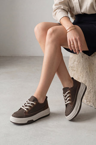 Kadın Sneaker Kalın Taban Spor Ayakkabı Hesna - Kahve Keten
