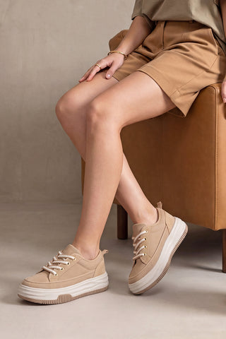 Kadın Sneaker Kalın Taban Spor Ayakkabı Hesna - Camel Keten