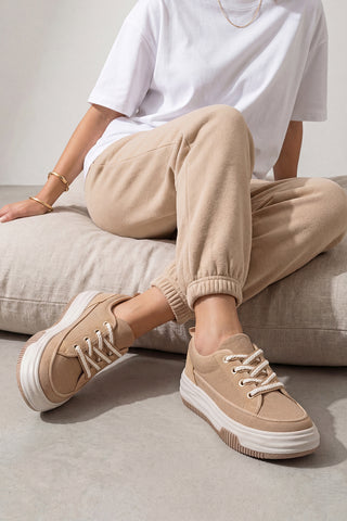 Kadın Sneaker Kalın Taban Spor Ayakkabı Hesna - Camel Keten
