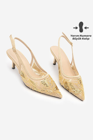 Kadın Stiletto Boncuklu Pullu Fileli İşlemeli Klasik Abiye Topuklu Ayakkabı Kolena - Altın Saten