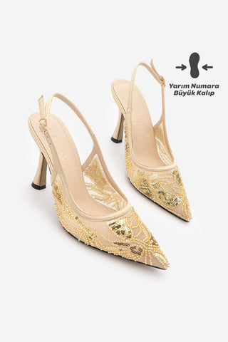 Kadın Stiletto Boncuklu Pullu Fileli İşlemeli Klasik Abiye Topuklu Ayakkabı Bodega - Altın Saten