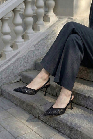 Kadın Stiletto Fileli Pullu Dantel Topuklu Ayakkabı Efolin - Siyah