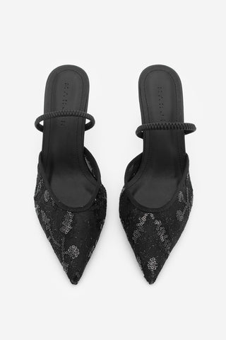 Kadın Stiletto Fileli Pullu Dantel Topuklu Ayakkabı Efolin - Siyah