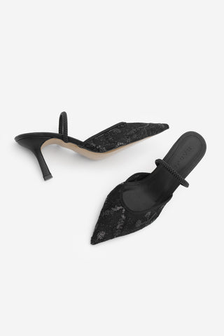 Kadın Stiletto Fileli Pullu Dantel Topuklu Ayakkabı Efolin - Siyah