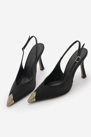 Kadın Stiletto Sivri Burun Altın Metal Tokalı Klasik Topuklu Ayakkabı Karima - Siyah Saten