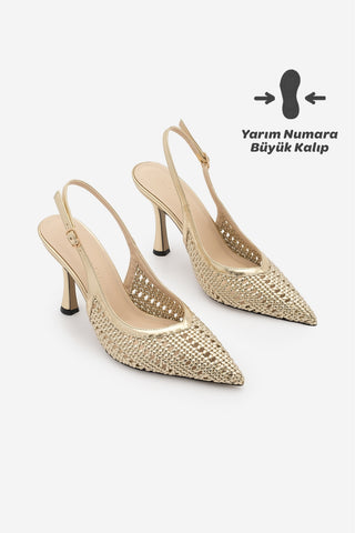 Kadın Stiletto Sivri Burun El Örgüsü Klasik Topuklu Ayakkabı Nules - Altın