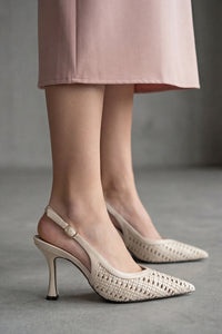 Kadın Stiletto Sivri Burun El Örgüsü Klasik Topuklu Ayakkabı Nules - Ekru