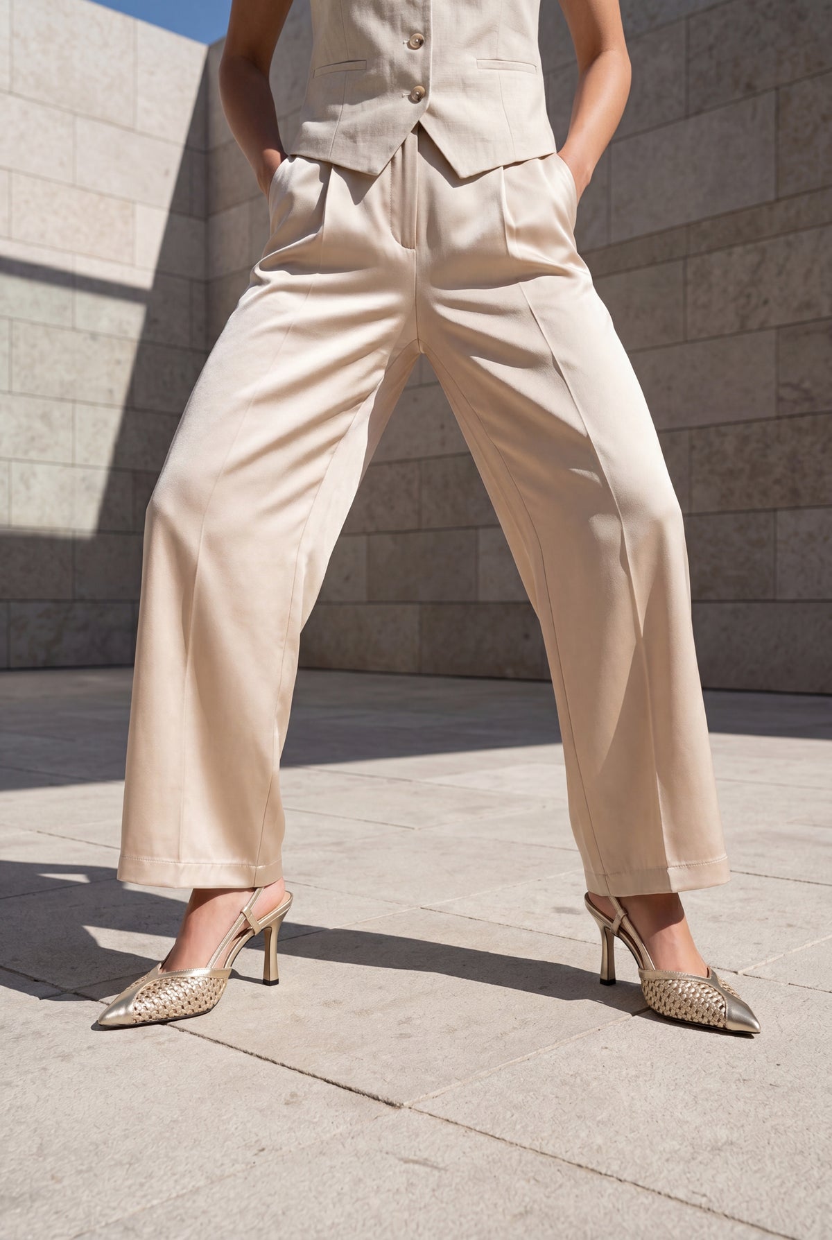 Marjin Balesi Altın el örgüsü sivri burun stiletto model üzerinde