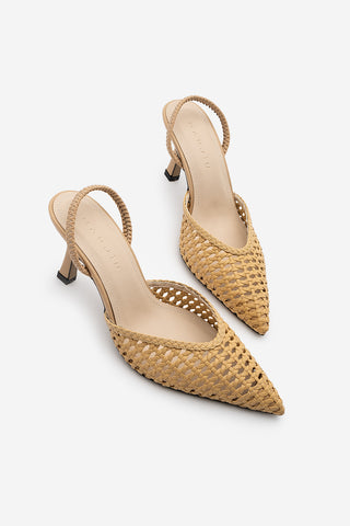 Kadın Stiletto Sivri Burun El Örgüsü Lastikli Klasik Topuklu Ayakkabı Arfes - Camel