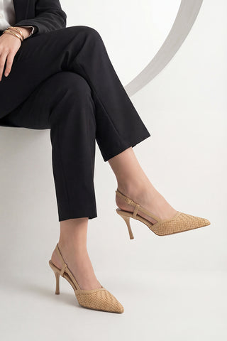 Kadın Stiletto Örgü Desen Klasik Topuklu Ayakkabı Arisa - Camel